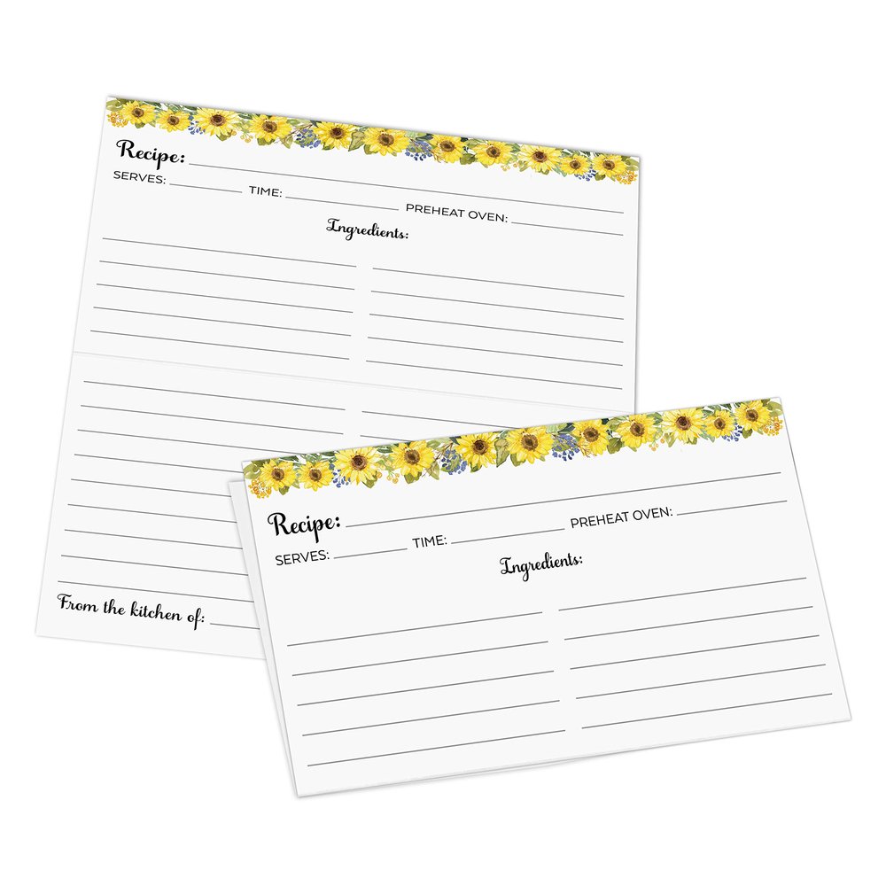 321Done Folding Recipe Cards - Set of 50, 6x5 folds to 3x5, Double-sided Rustic White Recipe Cards, Sunflower Design for Bridal Shower & Wedding Gift, Made in USA