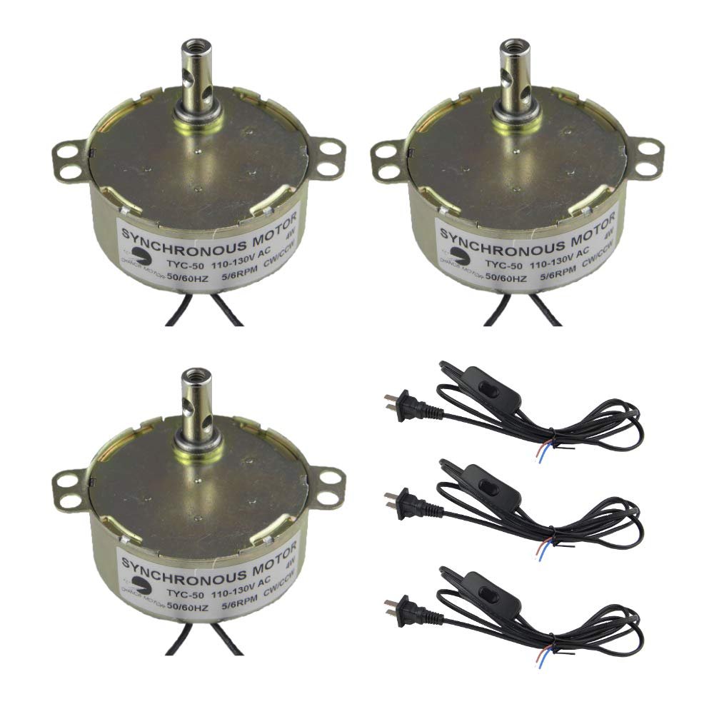 CHANCS 3PCS Synchronous Turntable Motor Electric Motor TYC50 5-6RPM/MIN 50/60Hz 4W CW/CCW AC100~127V Synchron Motor for Cup Turner,Cuptisserie Rotator with Lamp Power Cord Foot Switch 1.8m US Plug