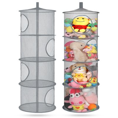 coastal rose 2Pcs Stuffed Animal Storage Foldable Stuffed Animal Net or Hammock Organizer, 4 Compartments Hanging Mesh Toy Storage Hammock for Kid Room Toys, Gloves, Hats, SocksGrey
