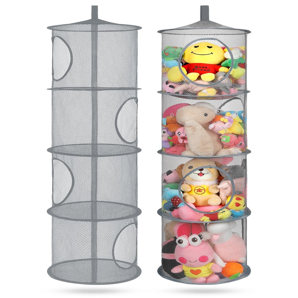 coastal rose 2Pcs Stuffed Animal Storage Foldable Stuffed Animal Net or Hammock Organizer, 4 Compartments Hanging Mesh Toy Storage Hammock for Kid Room Toys, Gloves, Hats, SocksGrey