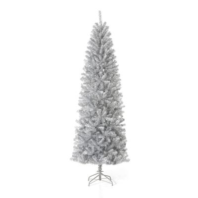 Glitzhome 7.5ft Silve Pencil Tinsel Artificial Christmas Tree, Holiday Hinged Fir Christmas Tree with 1188 Branch Tips and Metal Foldable Stand for Home Office Party Holiday Decoration