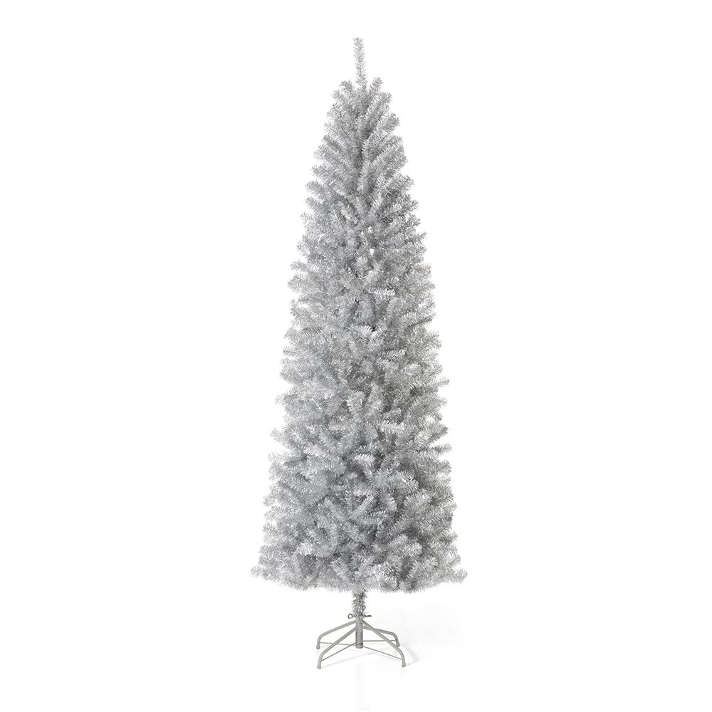 Glitzhome 7.5ft Silve Pencil Tinsel Artificial Christmas Tree, Holiday Hinged Fir Christmas Tree with 1188 Branch Tips and Metal Foldable Stand for Home Office Party Holiday Decoration