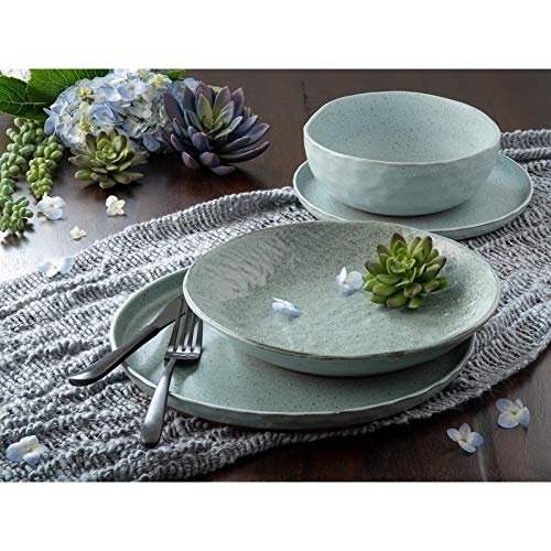 Blue 16 Piece Dinnerware Set Solid Casual Farmhouse Modern Contemporary Round Stoneware Dishwasher Safe Microwave