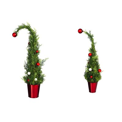 Cypress Home Beautiful Christmas Holiday Tree with Ornaments in Red Metal Pot Table Top Dcor, Set of 2-9 x 15 x 24 Inches Indoor/Outdoor Decoration for Homes, Yards and Gardens