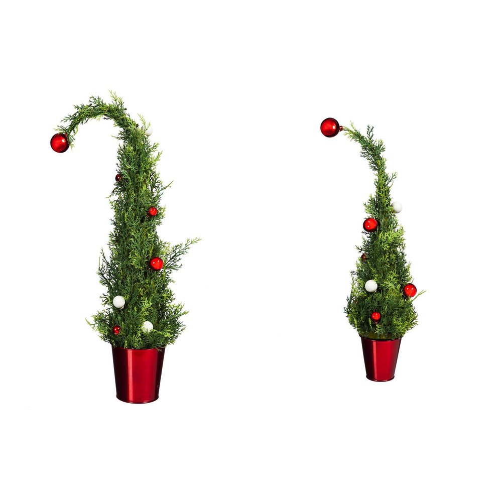 Cypress Home Beautiful Christmas Holiday Tree with Ornaments in Red Metal Pot Table Top Dcor, Set of 2-9 x 15 x 24 Inches Indoor/Outdoor Decoration for Homes, Yards and Gardens