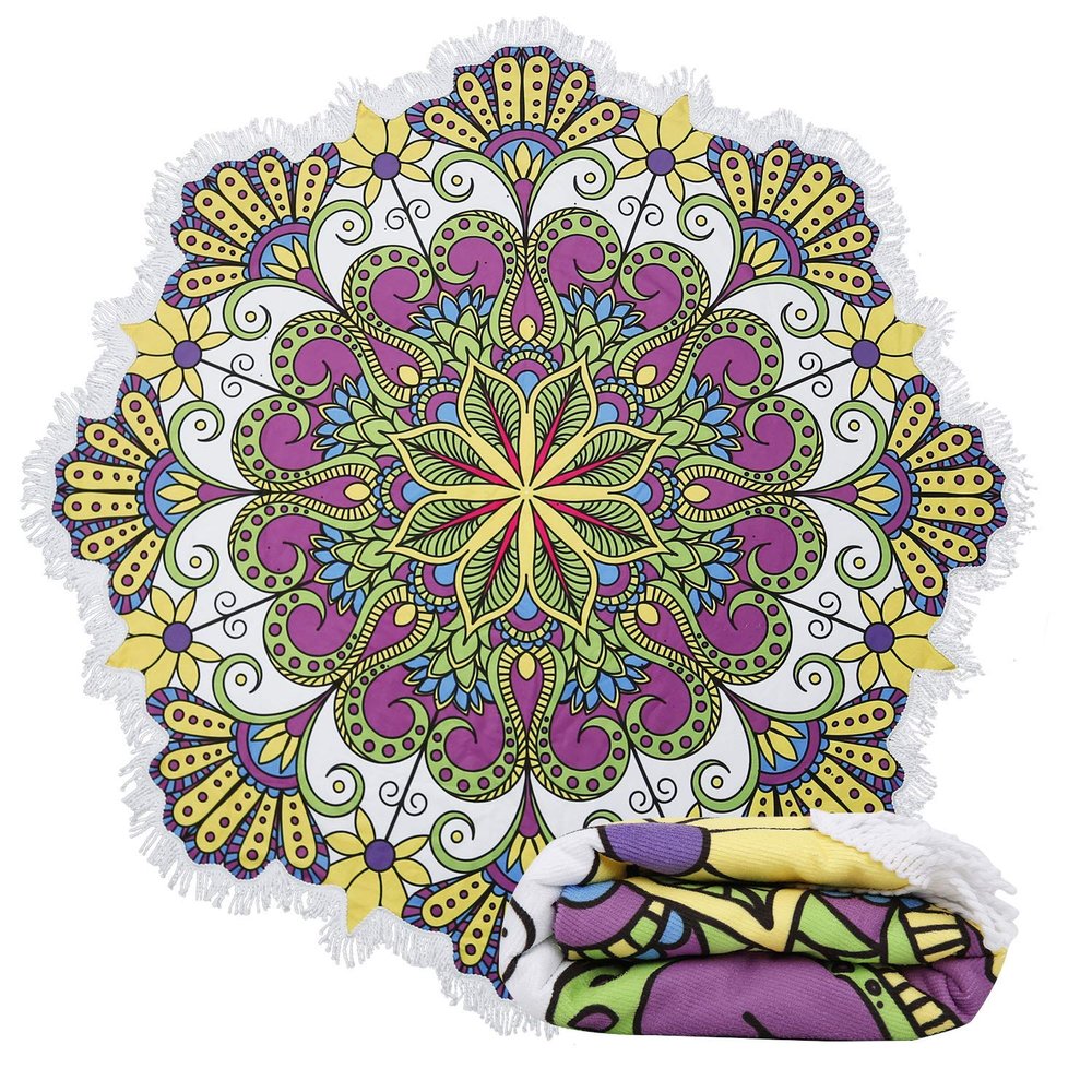 Violet Mist Mandala Round Beach Towel Blanket, Oversized Circle Microfiber Hippie Boho Bohemian Sandproof Flower Towel, Soft 60 inch Beach Towels with Tassels for Women Adult Swim Pool Yoga, Yellow