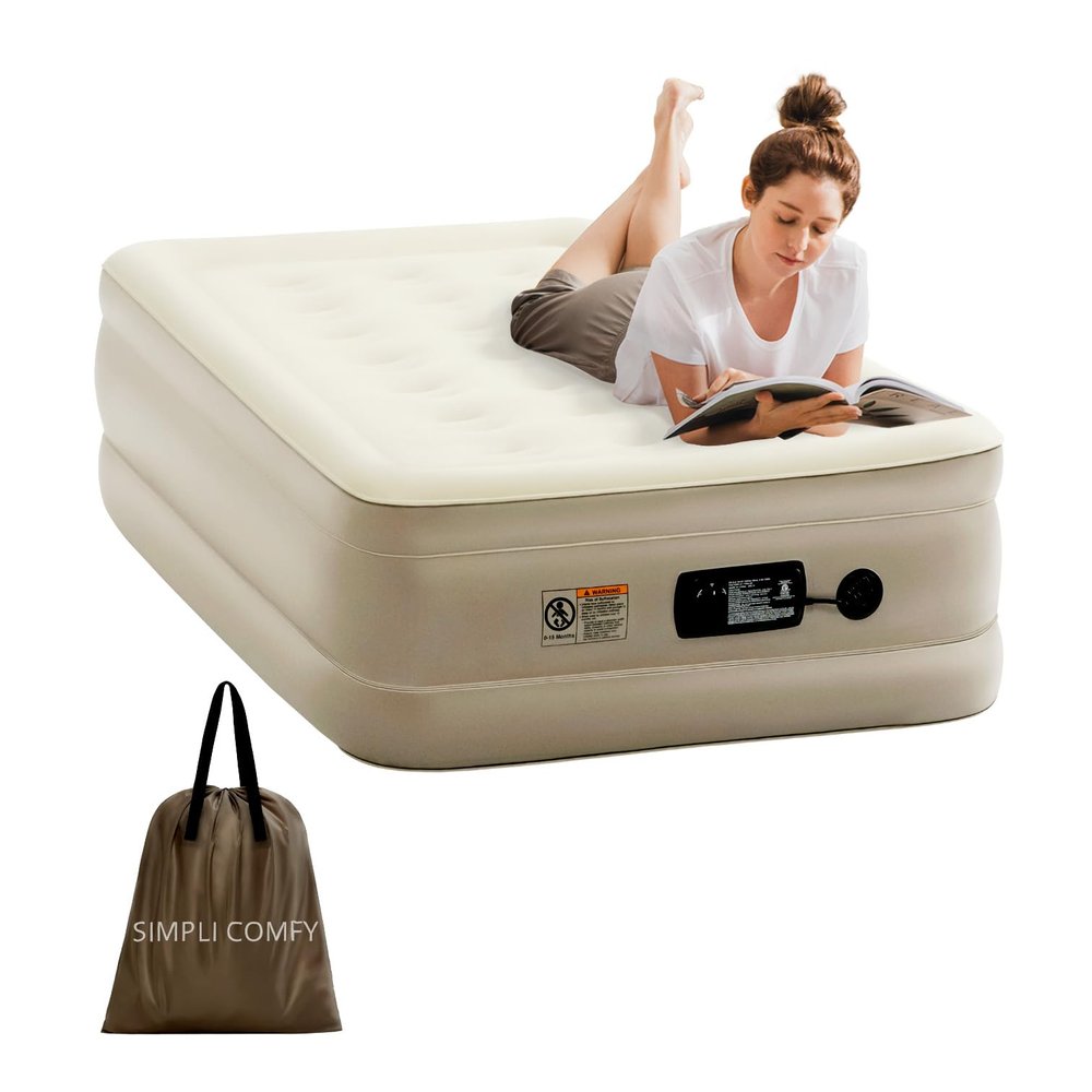 Simpli Comfy 18" Raised Twin Inflatable Air Mattress with Built-in AC Pump, Fast Self-Inflating Blow Up Air Bed with Waterproof Top for Home, Travel, Camping 75 x 40 x 18"