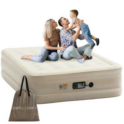 Simpli Comfy Inflatable 18 Queen Air Mattress with Built in Pump Self Inflating Blow Up Durable Heavy Duty Stay Firm Comfortable Air Bed Elevated for Home Guest Travel Relocate Camping