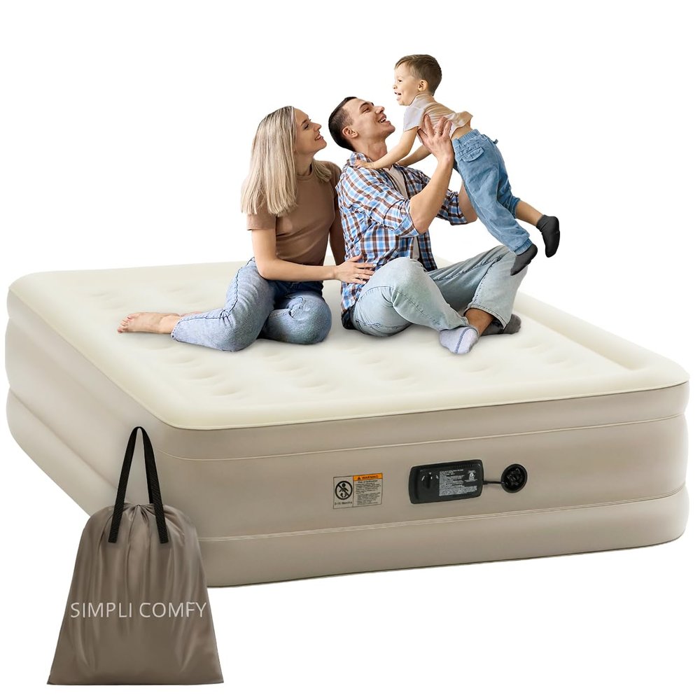 Simpli Comfy Inflatable 18 Queen Air Mattress with Built in Pump Self Inflating Blow Up Durable Heavy Duty Stay Firm Comfortable Air Bed Elevated for Home Guest Travel Relocate Camping
