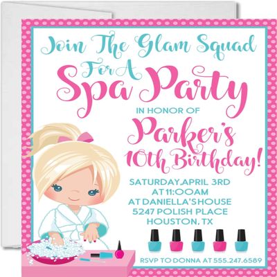 Spa Birthday Party Invitations, Manicure Birthday Party Invitations, Spa Party Invites With Envelopes (Pink & Turquoise - Pony Tails)