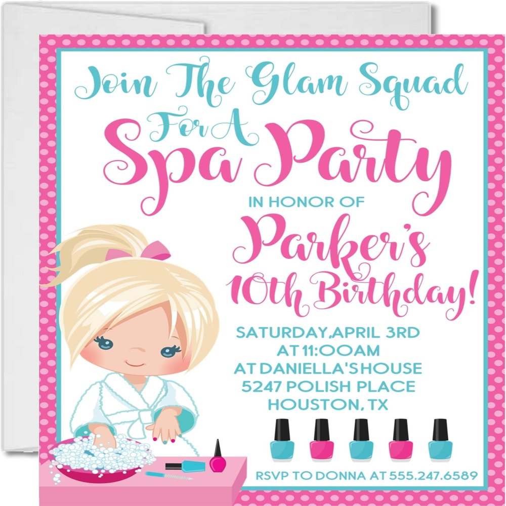 Spa Birthday Party Invitations, Manicure Birthday Party Invitations, Spa Party Invites With Envelopes (Pink & Turquoise - Pony Tails)