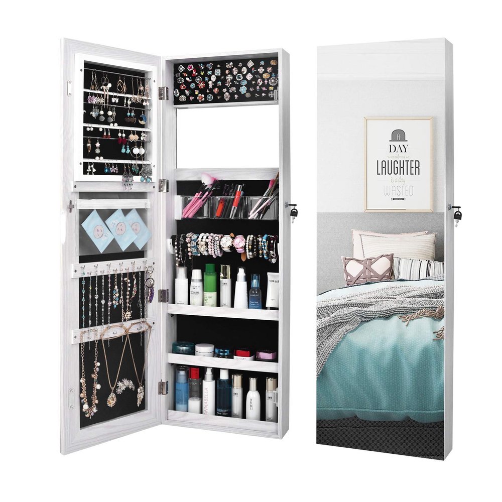 LxHealthy Mirror Jewelry Cabinet,Retro Wood Grain Coating Whole Body Decoration Storage Dressing Mirror Jewelry Cabinet White