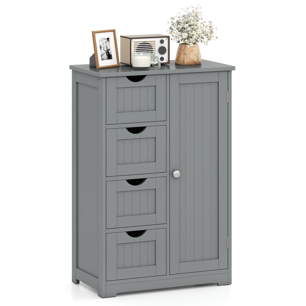 Giantex Bathroom Cabinet, Freestanding Storage Cabinet with 1 Door & 4 Drawers, 3-Level Adjustable Shelf, Anti-toppling System, Modern Storage Organizer for Bathroom, Living Room, Kitchen (Gray)