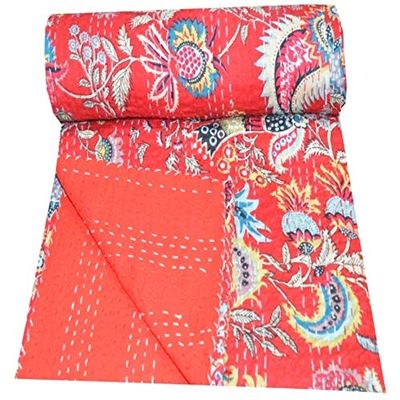 YUVANCRAFTS Indian Handmade Mukut Print Single Kantha Pure Cotton Multi Color Twin Size Kantha Throw Blanket Bedspread (RED)