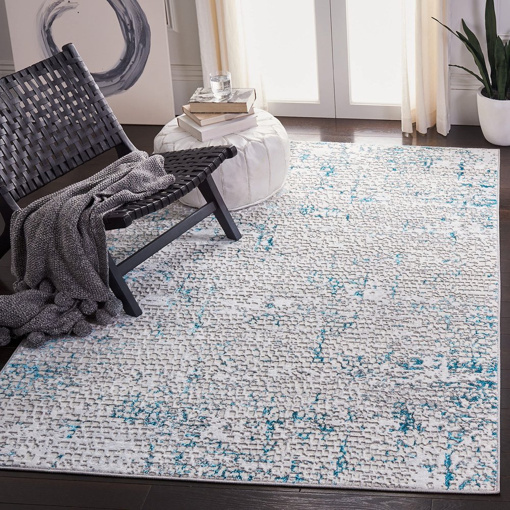 SAFAVIEH Amelia Collection Accent Rug - 4'5" x 6'5", Grey & Turquoise, Modern Abstract Design, Non-Shedding & Easy Care, Ideal for High Traffic Areas in Entryway, Living Room, Bedroom (ALA254H)