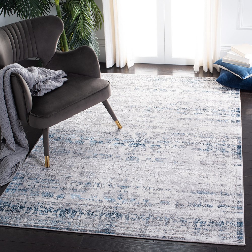 SAFAVIEH Amelia Collection Accent Rug - 4'5" x 6'5", Grey & Blue, Distressed Design, Non-Shedding & Easy Care, Ideal for High Traffic Areas in Entryway, Living Room, Bedroom (ALA217F)