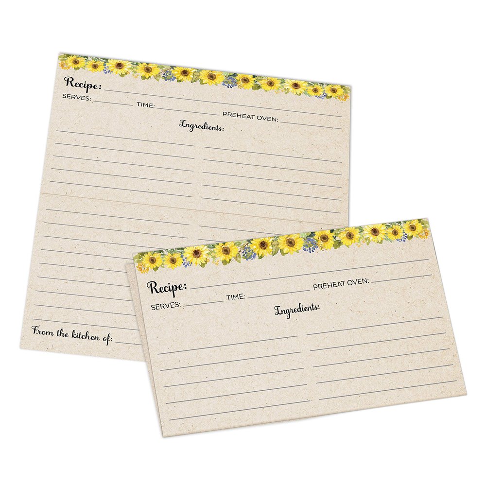 321Done Folding Recipe Cards - Set of 50, 6x5 folds to 3x5, Double-sided Rustic Tan Recipe Cards, Sunflower Design for Bridal Shower & Wedding Gift, Made in USA