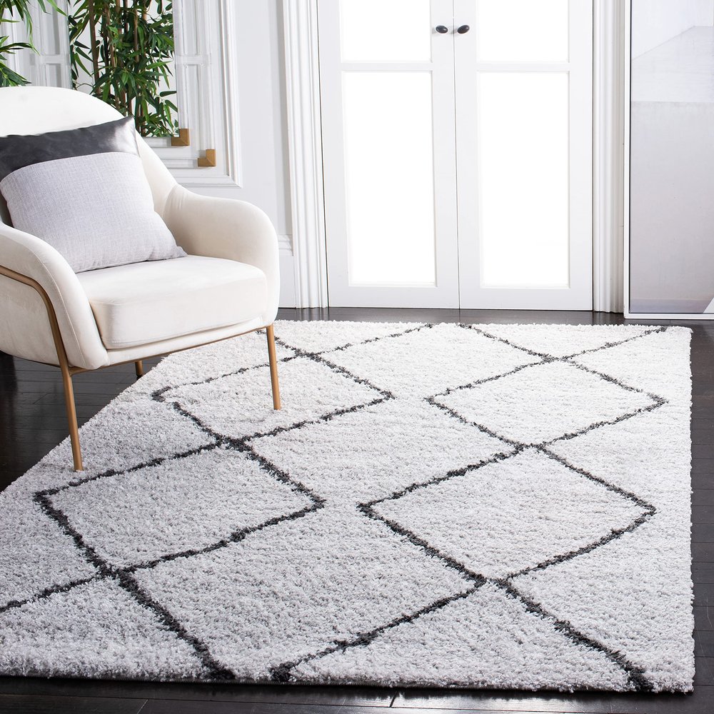 SAFAVIEH Area Rug 8x10 - August Shag Collection - Large - Ivory & Grey, Moroccan Pattern, Non-Shedding & Easy Cleaning, Plush Thick Pile, Ideal for Living Room, Bedroom, Dining Space (AUG572F)