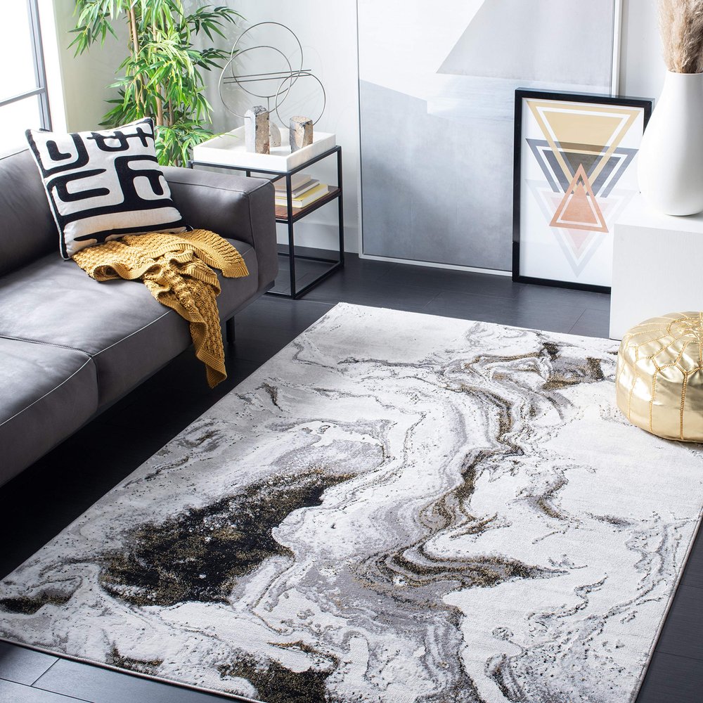 SAFAVIEH Amelia Collection Accent Rug - 4'5" x 6'5", Grey & Gold, Modern Abstract Design, Non-Shedding & Easy Care, Ideal for High Traffic Areas in Entryway, Living Room, Bedroom (ALA277G)