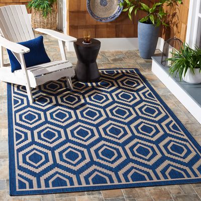 SAFAVIEH Washable Rug Outdoor Courtyard Collection - 4' Square, Navy & Beige, Non-Shedding & Easy Cleaning, Ideal for Patio, Backyard, Mudroom (CY6902-268)