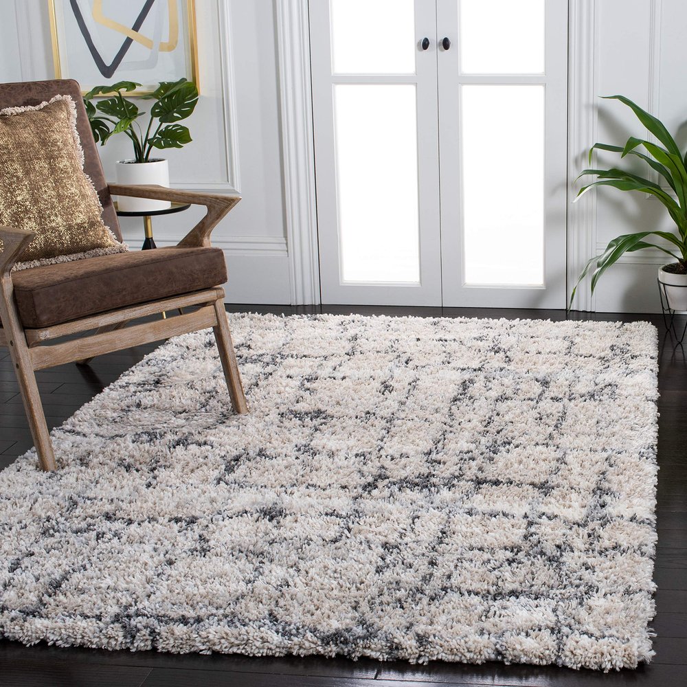 SAFAVIEH Area Rug 8x10 - Fontana Shag Collection - Large - Ivory & Grey, Modern Design, Non-Shedding & Easy Cleaning, Ultra Plush Thick Pile, Ideal for Living Room, Bedroom, Dining Space (FNT851A)