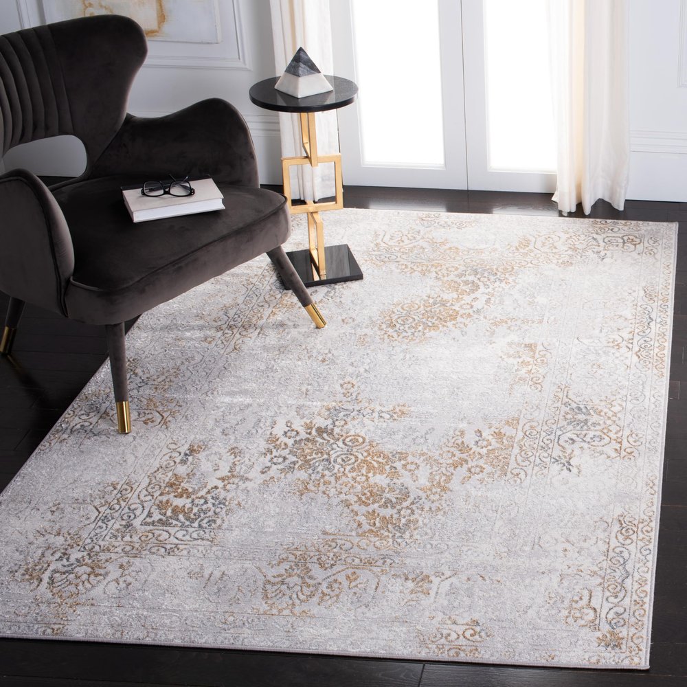 SAFAVIEH Orchard Collection Accent Rug - 4'5" x 6'5", Grey & Gold, Oriental Distressed Design, Non-Shedding & Easy Care, Ideal for High Traffic Areas in Entryway, Living Room, Bedroom (ORC684G)