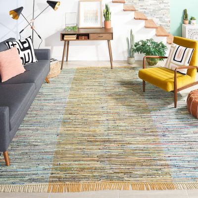 SAFAVIEH Rag Rug Collection Area Rug - 6' Square, Rust & Gold, Handmade Boho Stripe Cotton, Ideal for High Traffic Areas in Living Room, Bedroom (RAR122P)