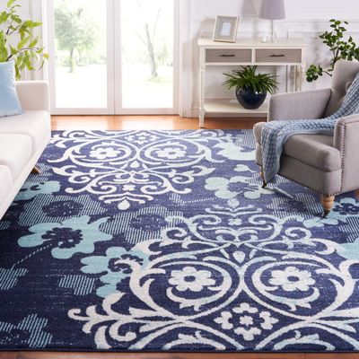 SAFAVIEH Area Rug 8x10 - Adirondack Collection - Large - Navy & Aqua, Floral Glam Damask Design, Non-Shedding & Easy Cleaning, Ideal for Living Room, Bedroom, Office, Dining Space (ADR114J)