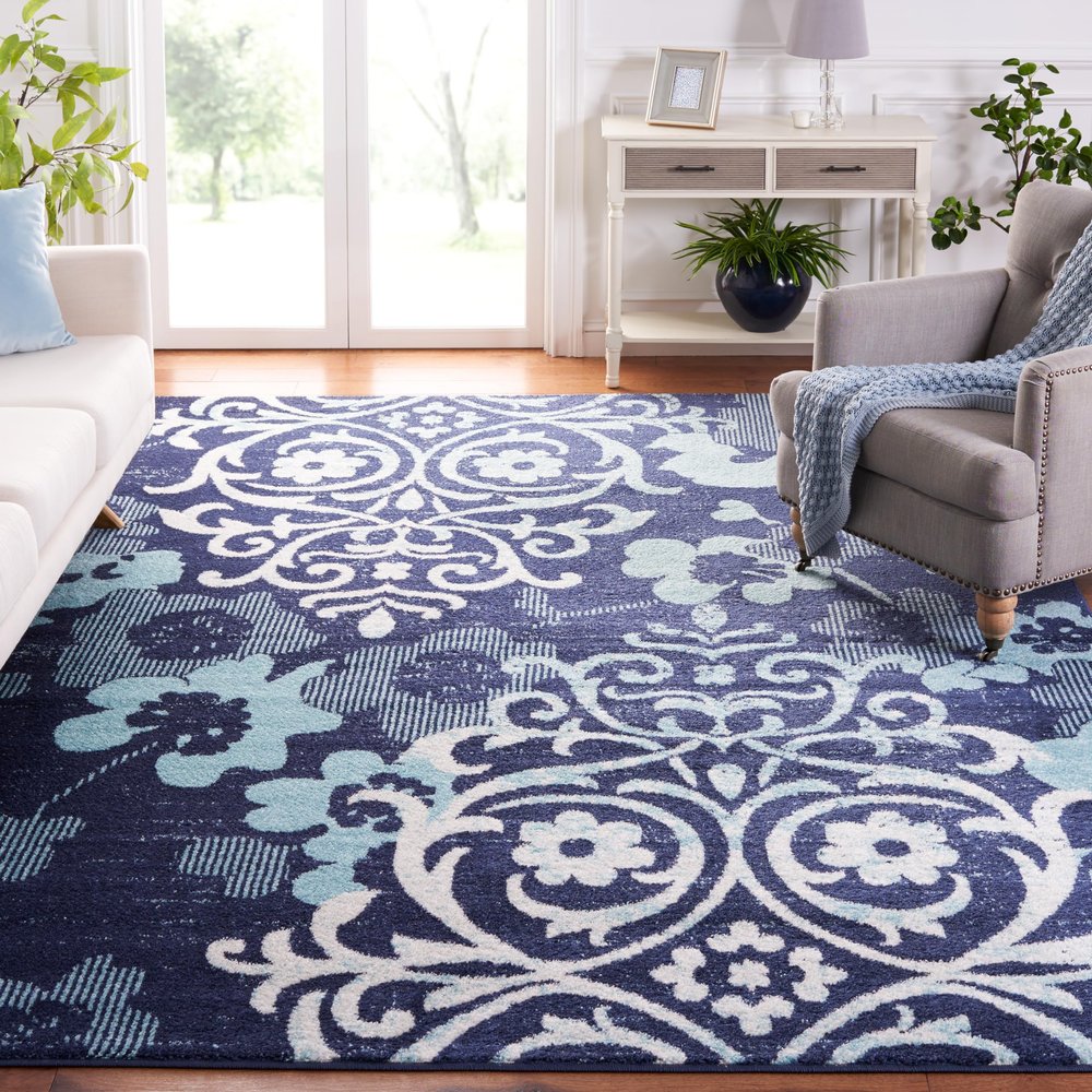SAFAVIEH Area Rug 8x10 - Adirondack Collection - Large - Navy & Aqua, Floral Glam Damask Design, Non-Shedding & Easy Cleaning, Ideal for Living Room, Bedroom, Office, Dining Space (ADR114J)