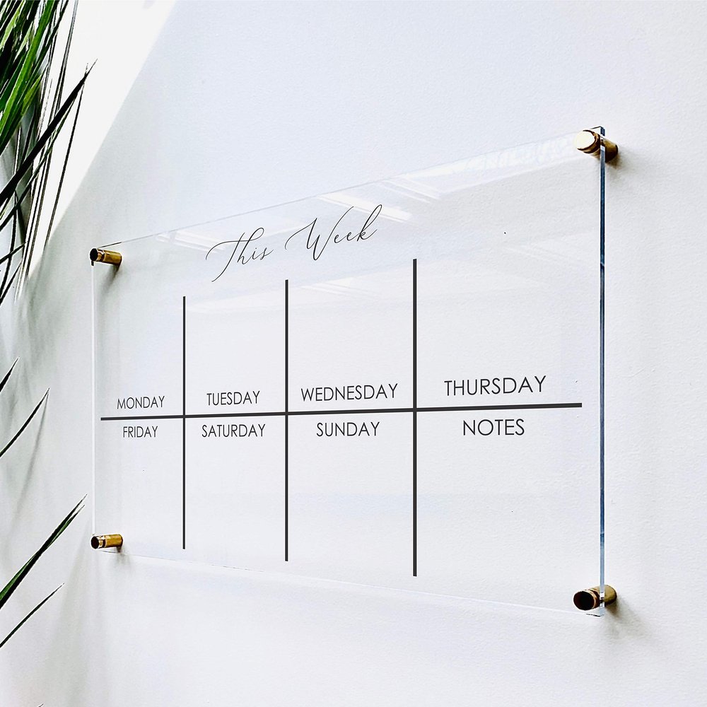Large Clear Acrylic Weekly Calendar for wall | Dry-Erase Message White Board Calendar Wall Mounted Office Home Family Organization Tools Must Haves School Kids Adult Mom Teen Monthly Weekly ADHD Tools