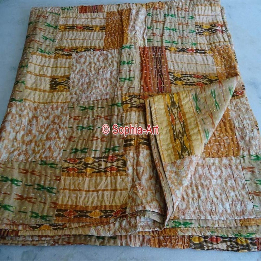 Blanket Bedding Bedspread Bed Kantha Vintage Handmade Silk Patchwork Indian Art Cover India Sari Bohemian Spreads Washed Patola Spread Quilt