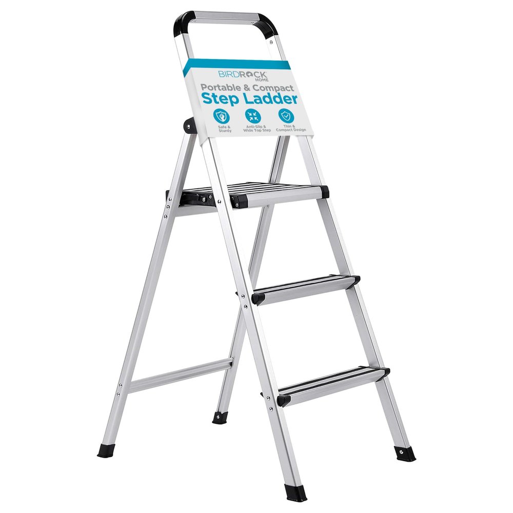 BIRDROCK HOME 3-Step Aluminum Step Ladder - Lightweight Foldable Stepladder with Wide Non-Slip Steps - Ideal for Kitchen, Pantry, Closets, and Home Office - Space-Saving Design - Indoor Use - Silver