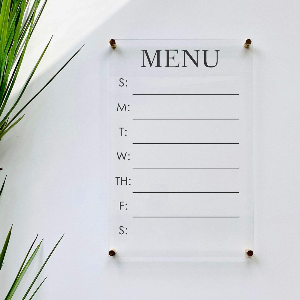 Large Clear Acrylic Menu Board for wall | Dry-Erase Message White Board Calendar Wall Mounted Office Home Family Organization Tools Must Haves School Kids Adult Mom Teen Monthly Weekly ADHD Tools