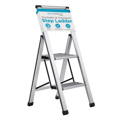 BIRDROCK HOME 2 Step Ladder | Folding Anti-Slip Step Stool, 250 lb Capacity | Lightweight, Slim & Sturdy Design for Household, Kitchen, Garage, Indoor & Outdoor Use | Collapsible, Portable, Heavy-Duty