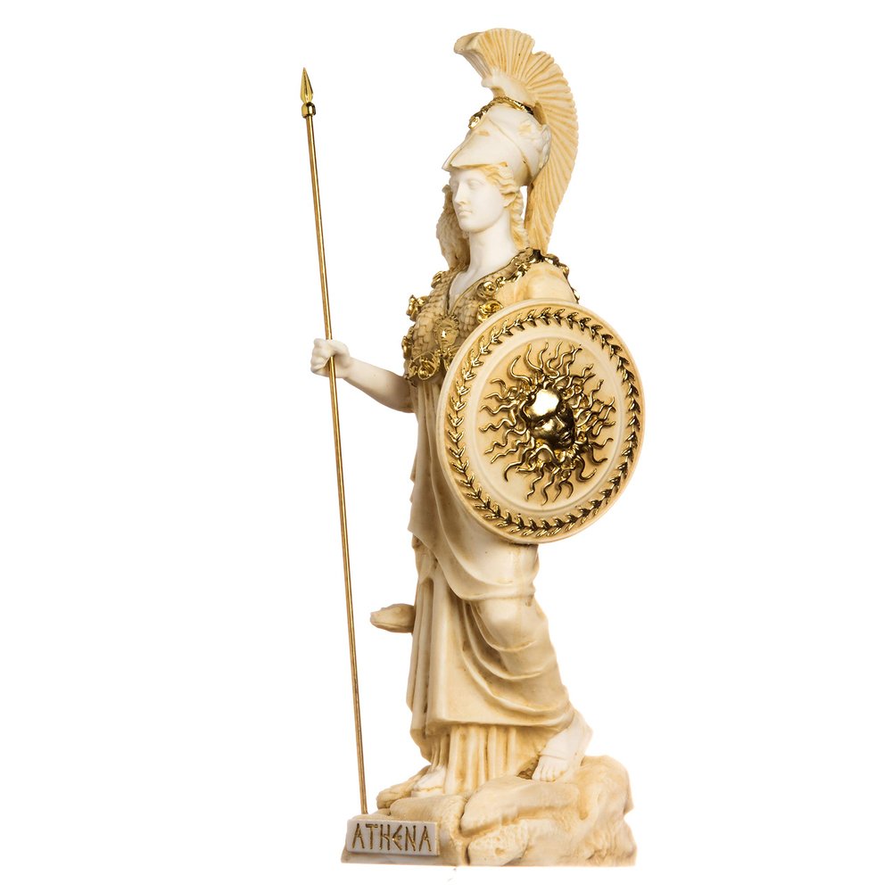 Athena with Owl Medusa Holding Shield Greek Goddess Alabaster Statue Gold 14.56"