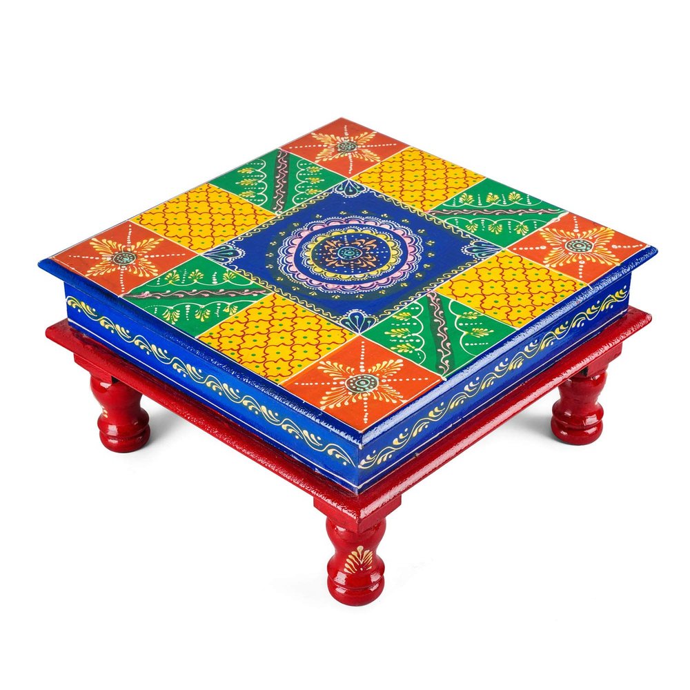 2dozay Wooden Floral Printed Multipurpose Pooja Mandir Chowki (Multicolour)