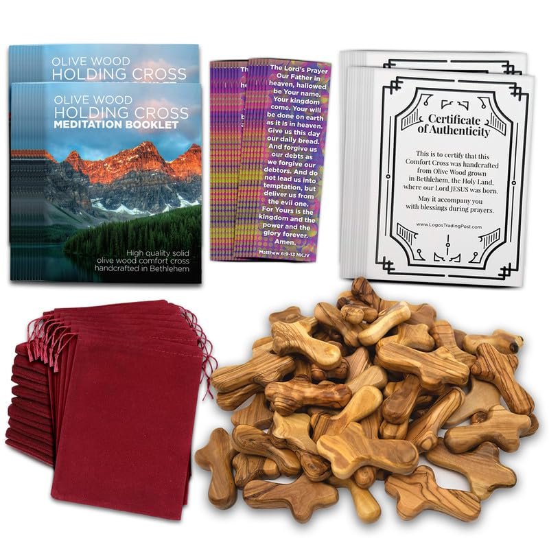 50pc Certified Holy Land Olive Wood Comfort Cross Set, 2.75, Bulk Velvet Pouch, Lords Prayer Bookmark, Meditation Booklet, Authenticity Certificate Included - Christian Gift  Holy Land Gifts Pack
