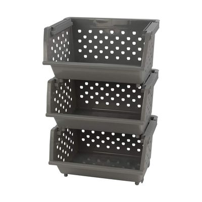 Callyne 3 Pack Plastic Stacking Organizer Basket, Open Front Large Stackable Storage Bins, Gray