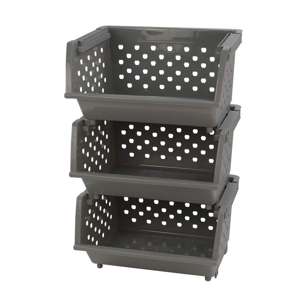 Callyne 3 Pack Plastic Stacking Organizer Basket, Open Front Large Stackable Storage Bins, Gray