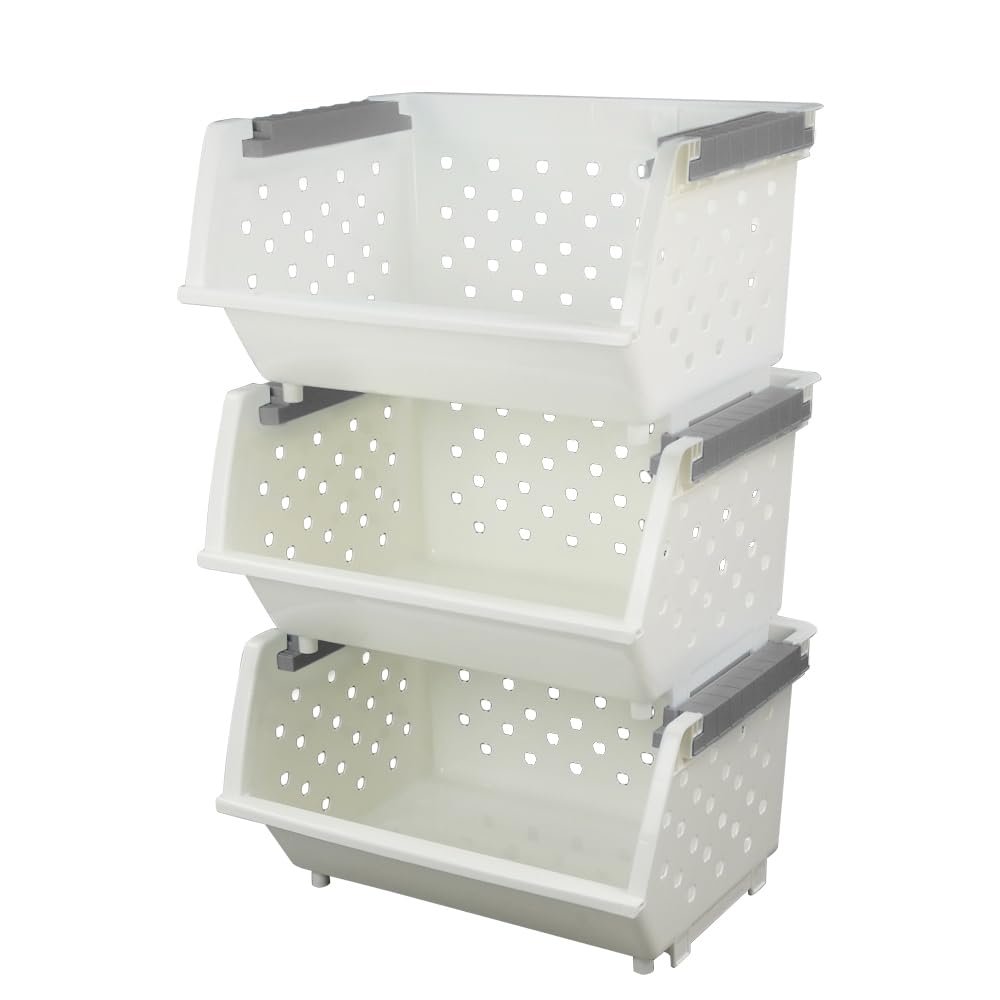 Bringer 4-Pack Plastic Stackable Storage Basket, Kitchen Stacking Organizer Basket, White