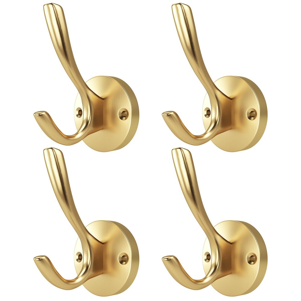 ZUONAI Gold Hooks 4 Pack Towel Hooks Gold Brushed Gold Wall Hooks Heavy Duty Metal Coat Hooks for Hanging Coats and Hat Hooks Wall Mounted Towel Hook for Bathrooms Color Varies by Lighting See Images