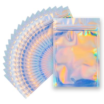 100 Pieces Resealable Smell Proof Bags - 5.5 x 7.8 Inches Foil Pouch Bags Flat Clear Ziplock Food Storage Bags Plastic Packaging Foil Bags for Party Favor Food Storage(Holographic Rainbow Color)