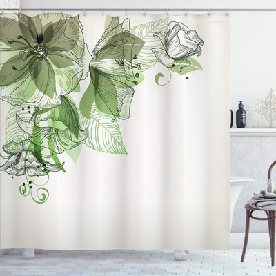 Ambesonne Flowers Shower Curtain, Buds Leaf at The top Left Corner Season Celebrating Theme Illustration, Cloth Fabric Bathroom Decor Set with Hooks, 69" W x 70" L, Sage Green White