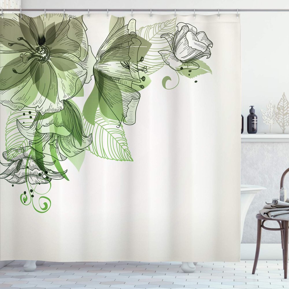 Ambesonne Flowers Shower Curtain, Buds Leaf at The top Left Corner Season Celebrating Theme Illustration, Cloth Fabric Bathroom Decor Set with Hooks, 69" W x 70" L, Sage Green White