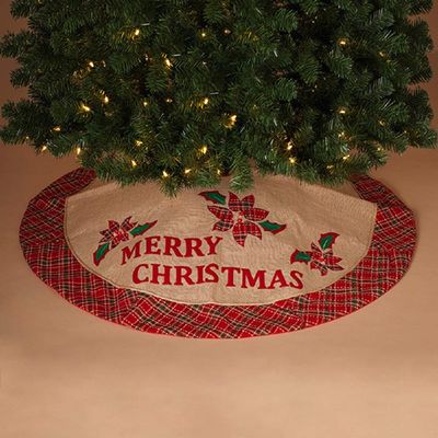 Merry Christmas Burlap with Plaid Border Tree Skirt 48 Inch Diameter New
