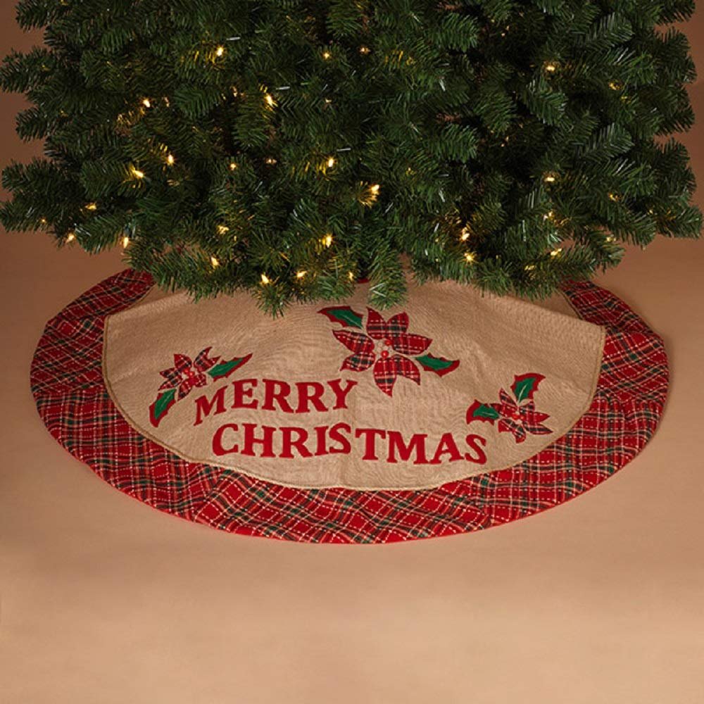 Merry Christmas Burlap with Plaid Border Tree Skirt 48 Inch Diameter New
