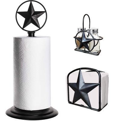 Black Rustic Texas Star Paper Towel Holder, Napkin Holder, Salt and Pepper Shakers Holder, Country Farmhouse Iron Kitchen Counter Accessory Set Holders (Paper Towel, Napkin, S&P Holder (3 Piece Set))