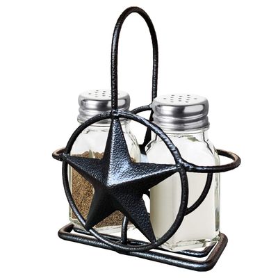 Black Rustic Texas Star Salt and Pepper Holder - Country Farmhouse Iron Metal Primitive Kitchen Countertop Holders, Western Style Caddy for Shakers, Table Counter Decor (Salt & Pepper Shaker Holder)