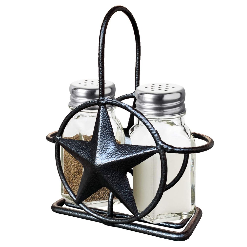 Black Rustic Texas Star Salt and Pepper Holder - Country Farmhouse Iron Metal Primitive Kitchen Countertop Holders, Western Style Caddy for Shakers, Table Counter Decor (Salt & Pepper Shaker Holder)