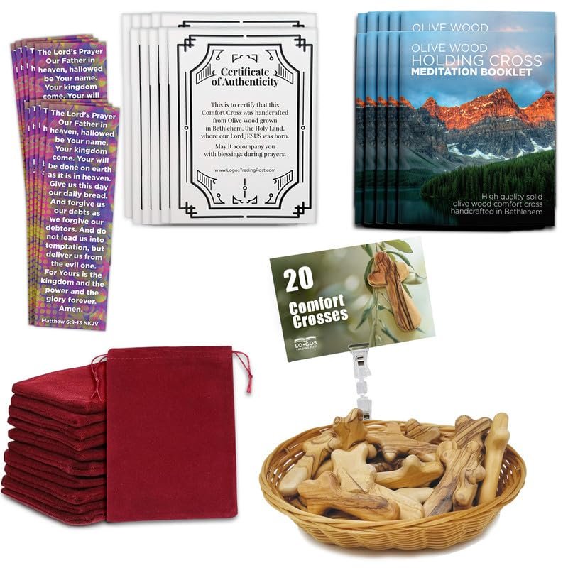20pc Certified Holy Land Olive Wood Comfort Cross Set, 3.75, Bulk Velvet Pouch, Lords Prayer Bookmark, Meditation Booklet, Authenticity Certificate Included - Christian Gift Holy Land Gifts Pack